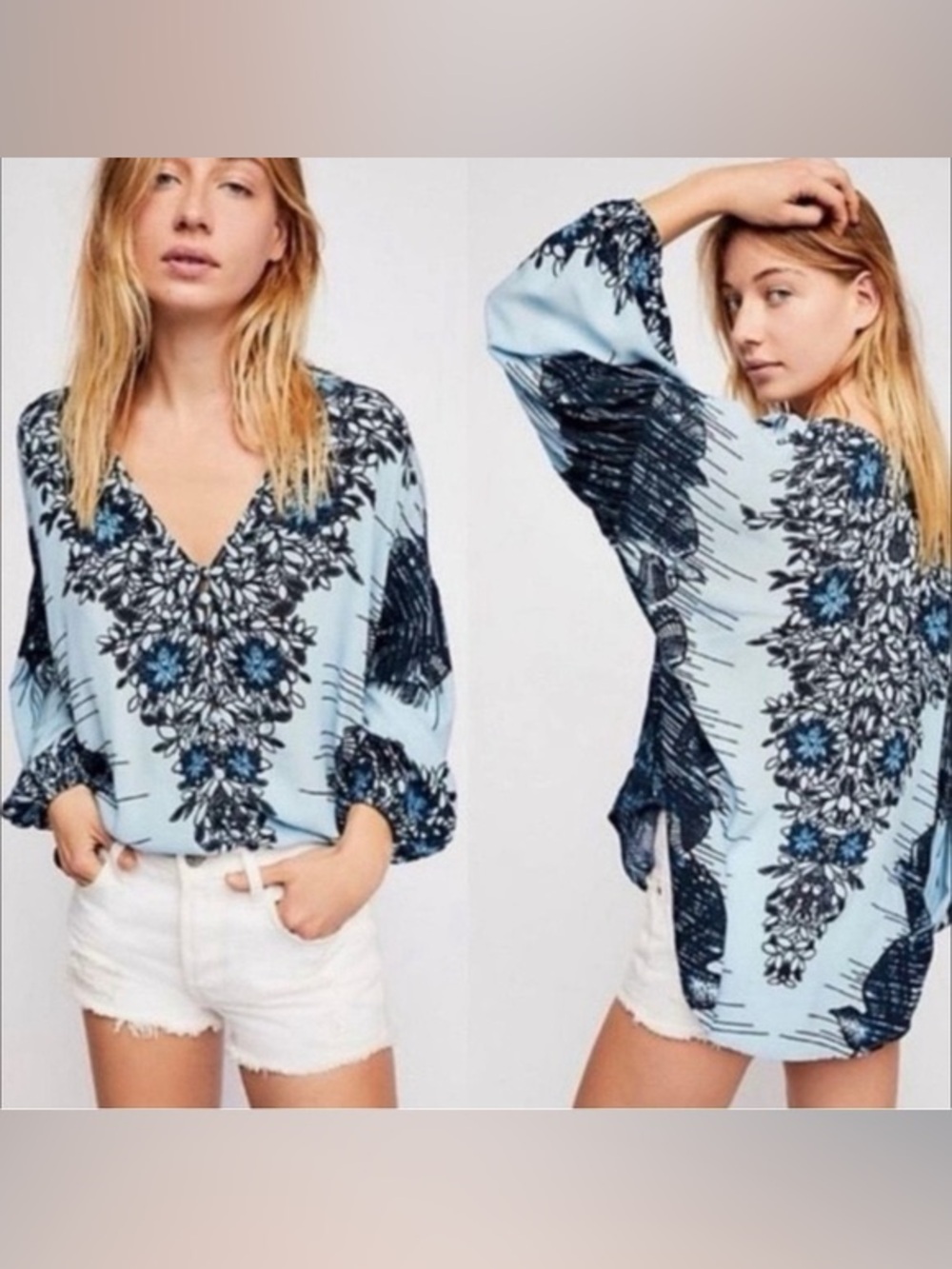 Free People Birds of a Feather Blouse Blue Floral Bird Boho Oversized Top S
